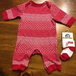Christmas bodysuit and NWT 1st Xmas socks 0-3 mo